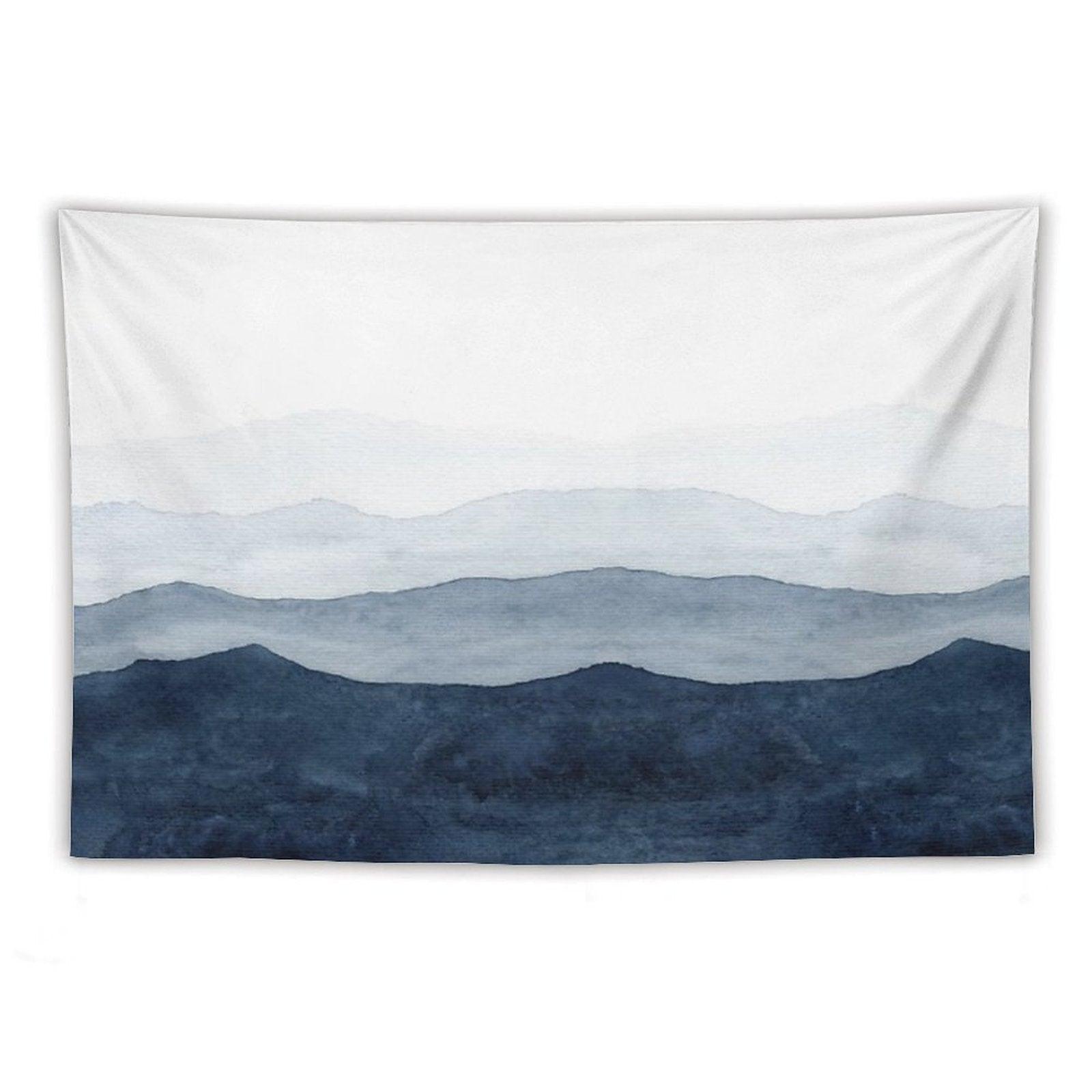 Mountains Ombre  Indigo Abstract Watercolor Tapestry