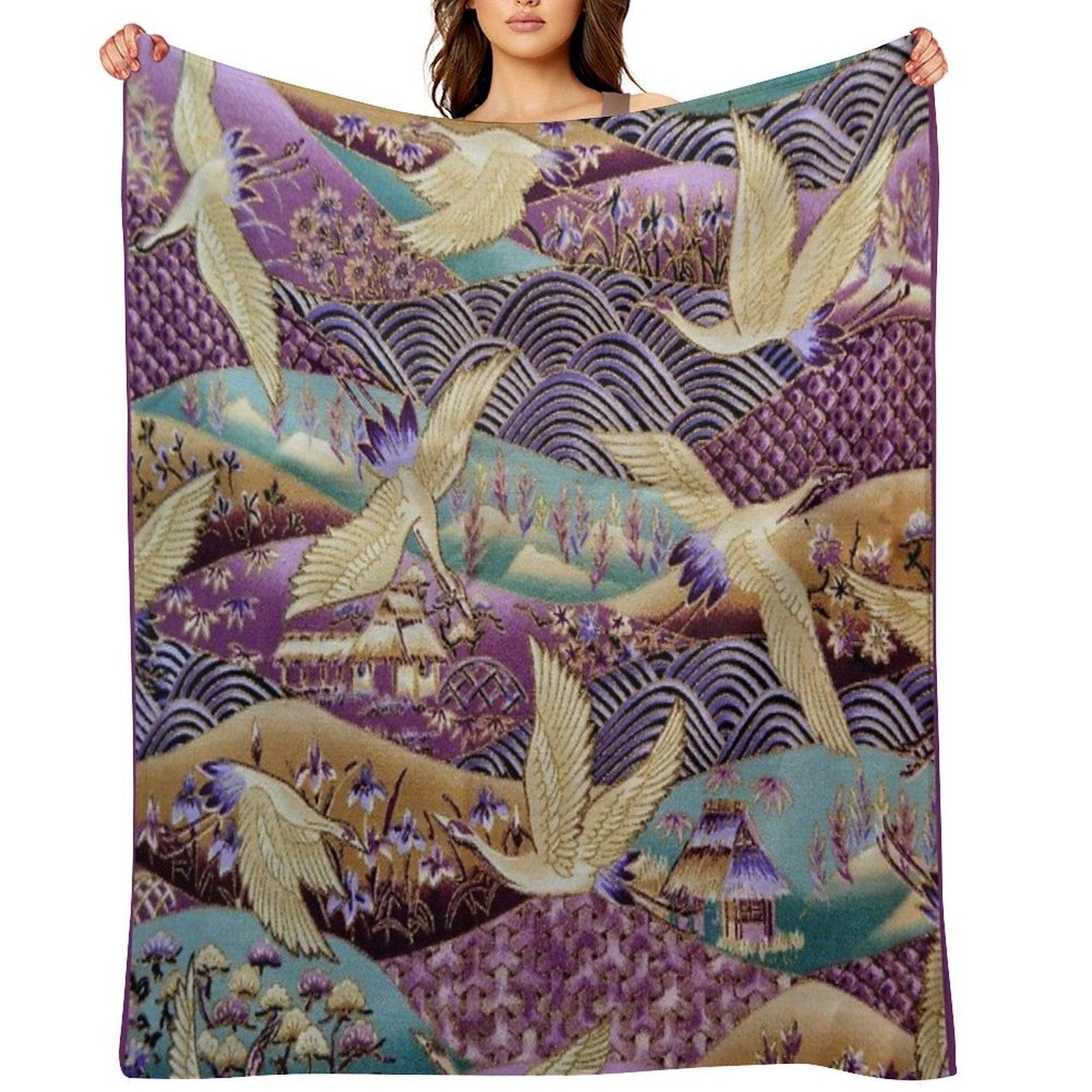 Japanese Crane Kimono Style Embroidered Pattern Throw Blanket
