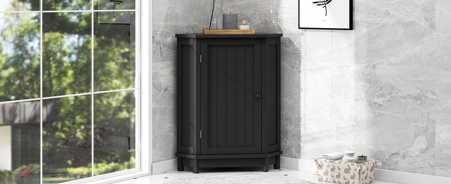Black Bathroom Cabinet Triangle Corner Storage Cabinet with Adjustable Shelf Modern Style MDF Board