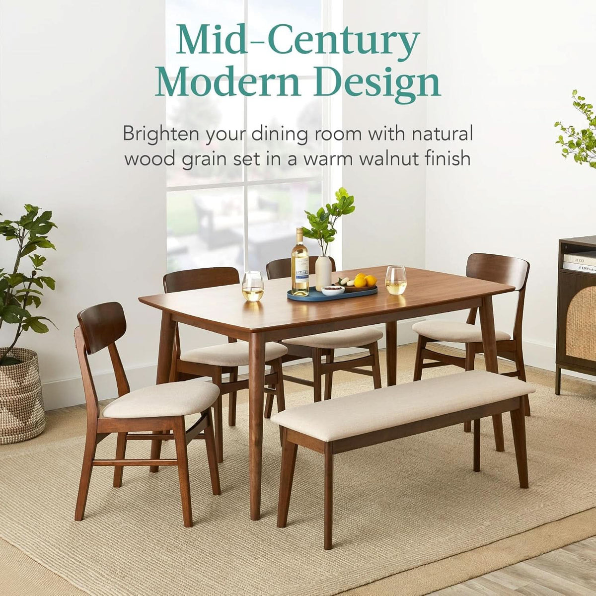 Walnut Rubberwood Dining Set With Upholstered Bench