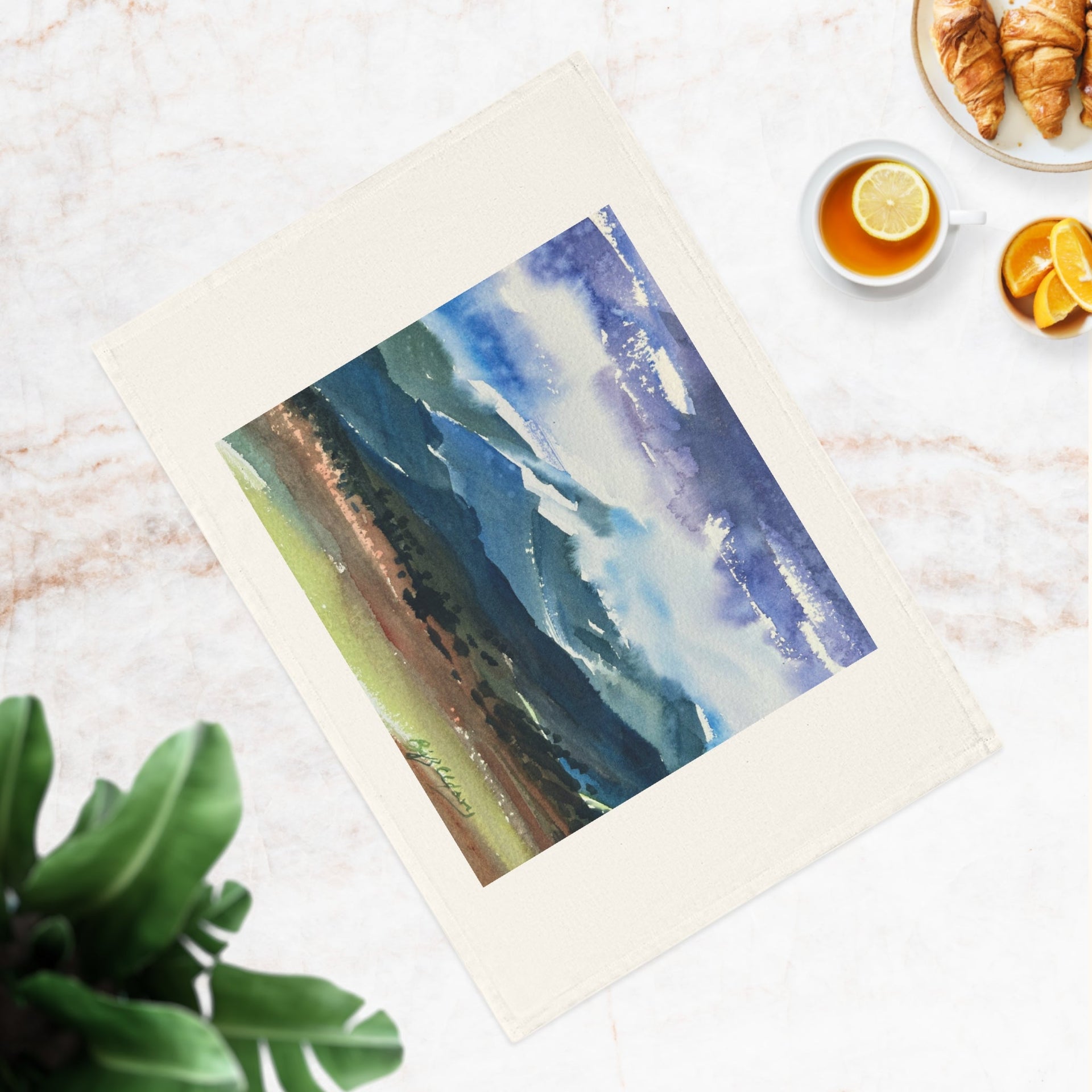 'Tranquil Mountain View 3' Cotton Tea Towel I Original Artwork by American Artist Barbara Cleary