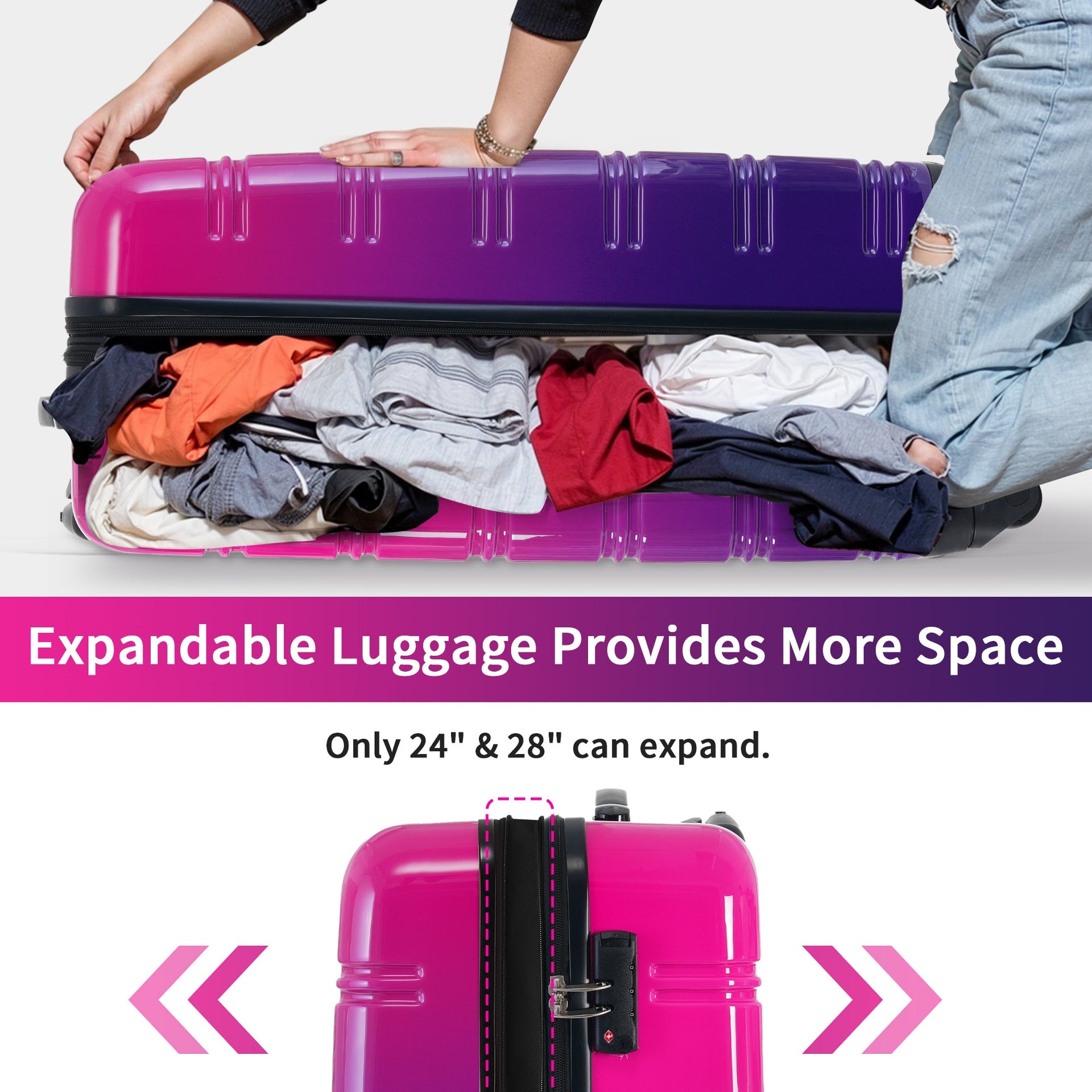 Hardshell Luggage Sets 3 Piece Gradient Color Expandable Suitcase with Spinner Wheels and TSA Lock Lightweight 20' 24' 28' Available,Purple and Pink