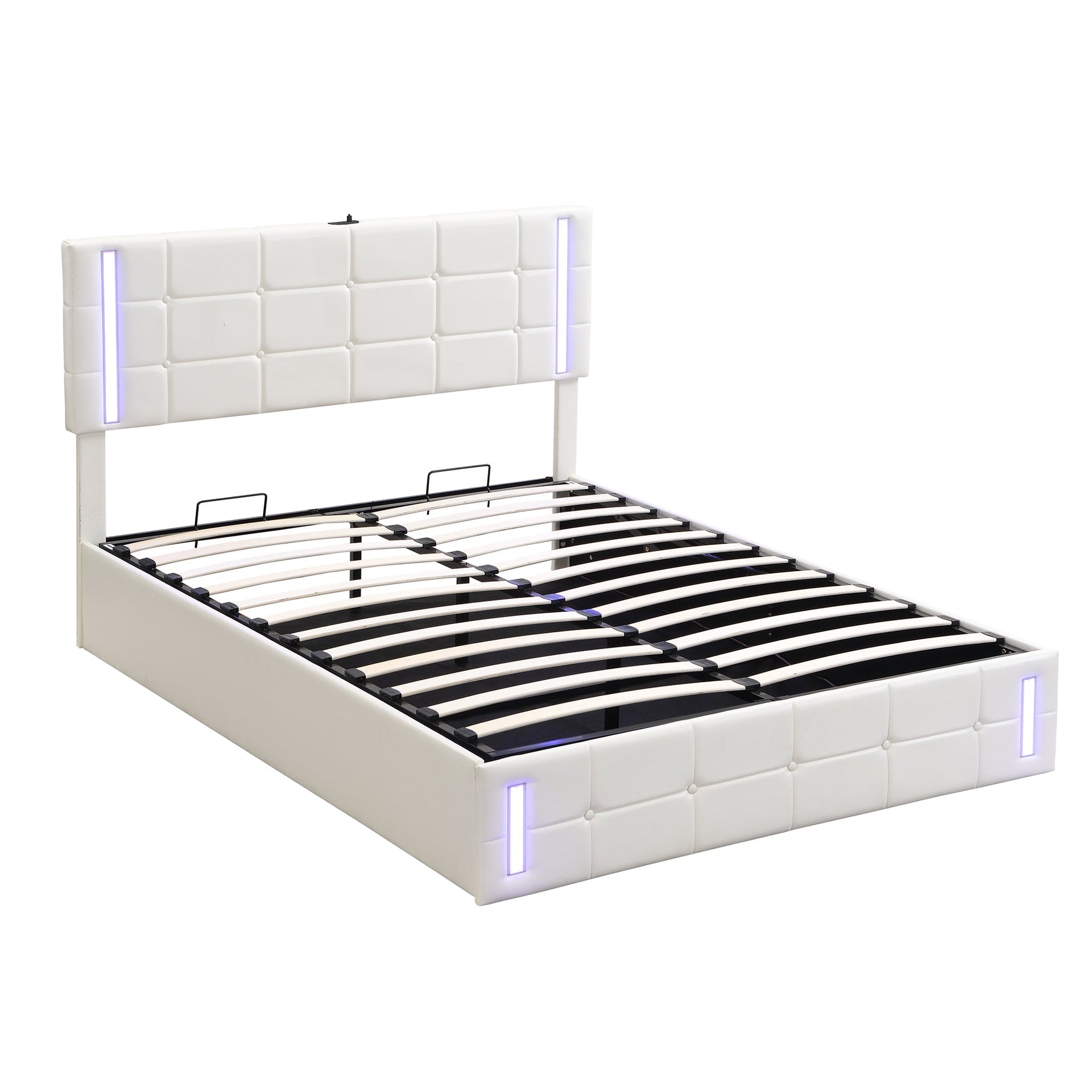 Queen Size Upholstered Bed with LED Lights,Hydraulic Storage System and USB Charging Station,White V.I.P Digital Presence