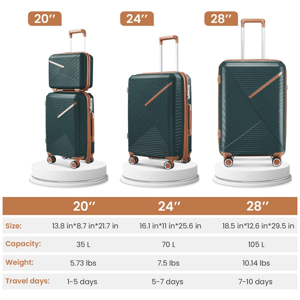 Luggage set of 4 pieces (14/20/24/28) with 4 360 degree silent rotating wheels made of PP material and durable TSA lock