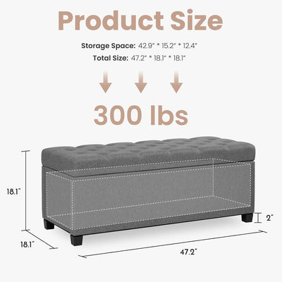 47.2 Inch Storage Ottoman Bench Light Grey Upgraded