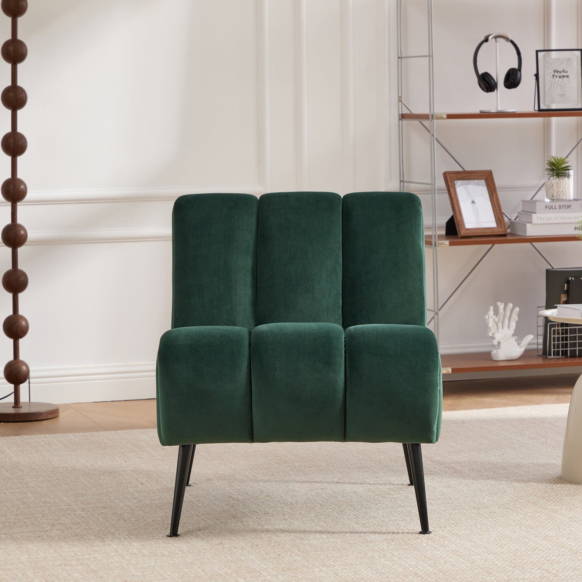 Modern Green Velvet Armless Accent Chair with Black Metal Legs
