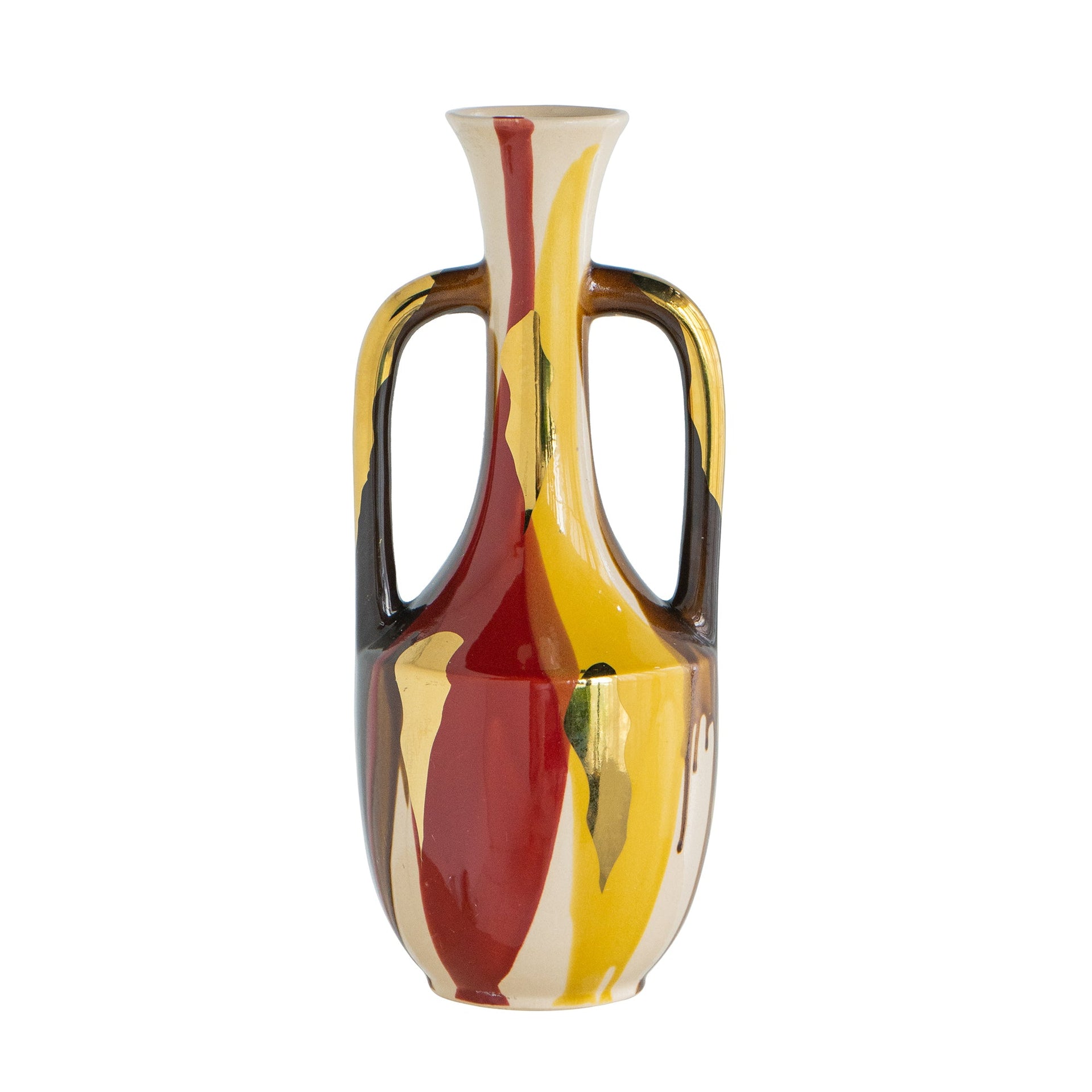 6.8x6.8x16.9' Curved Ceramic Vase with Handles and Abstract Multicolored Finish