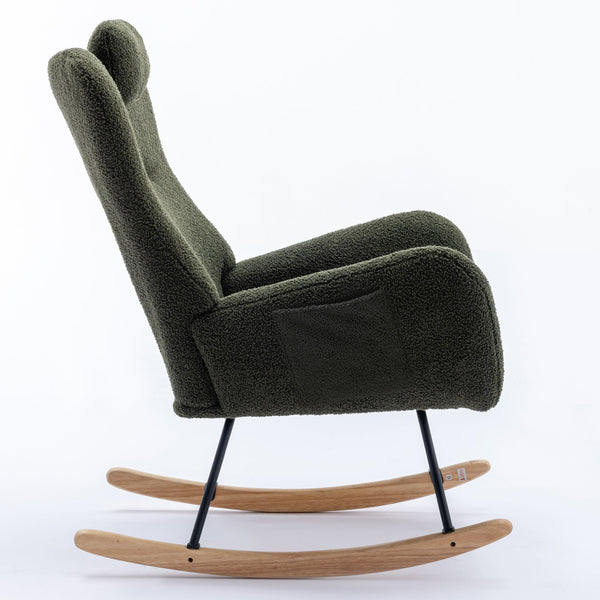 35.5-inch soft Teddy fabric rocking chair with pockets, comfortable wing straps, secure solid wood base (dark green)