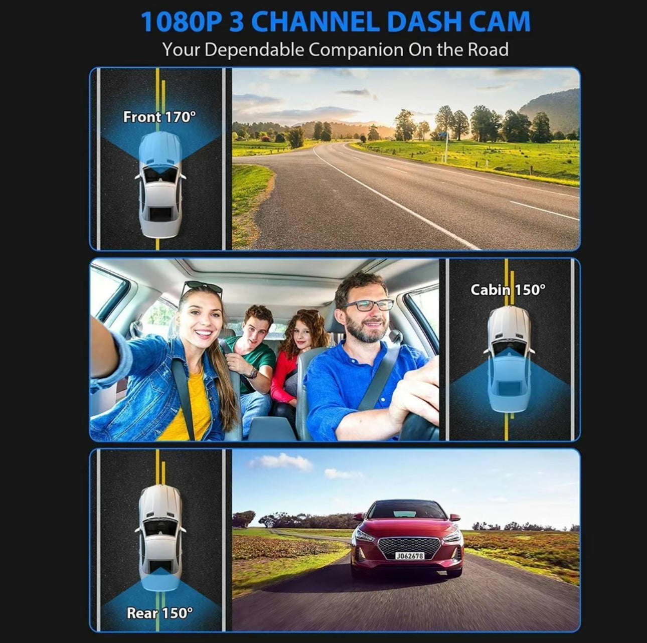 3-Camera Dash Cam – Front, Rear & Inside Car Recorder with WiFi & Night Vision