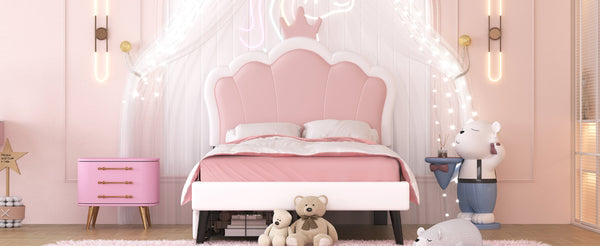 Twin cushion princess bed with crown headboard and 2 drawers with headboard and footrest, pink+white