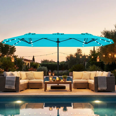 13FT Double-sided Patio Umbrella with Solar Lights for Garden Pool Backyard-Turquoise