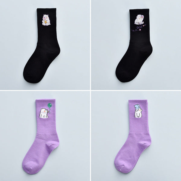 4Pair Spring And Summer Combed Out Of Pure Cotton Socks Mid Waist Fashion Bear Socks Cute Animal Socks Kawaii Cute Cartoon Purple College Socks For Men And Women