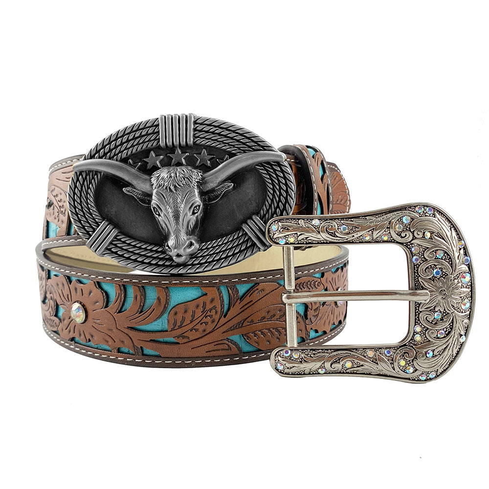 TOPACC Western Turquoise Belts - Cute Longhorn Cow Belt Buckle Copper/Bronze