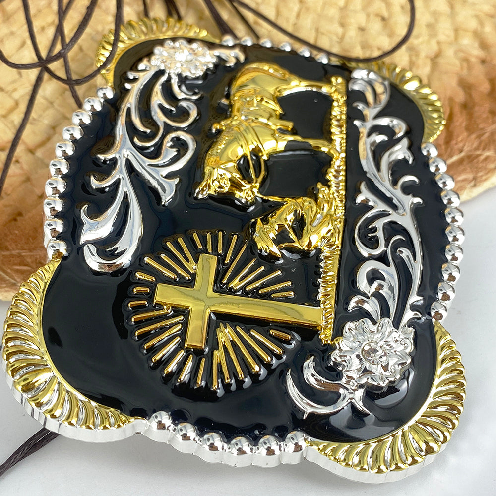 TOPACC 3D Rectangle Western Cowboy Horse Prayer Cross Belt Buckle Black Gold/Bronze
