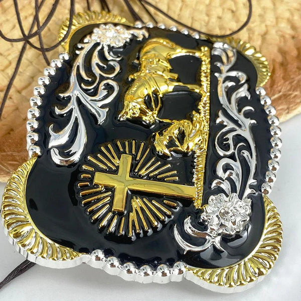 TOPACC 3D Rectangle Western Cowboy Horse Prayer Cross Belt Buckle Black Gold/Bronze - Gifts for You 'n Me