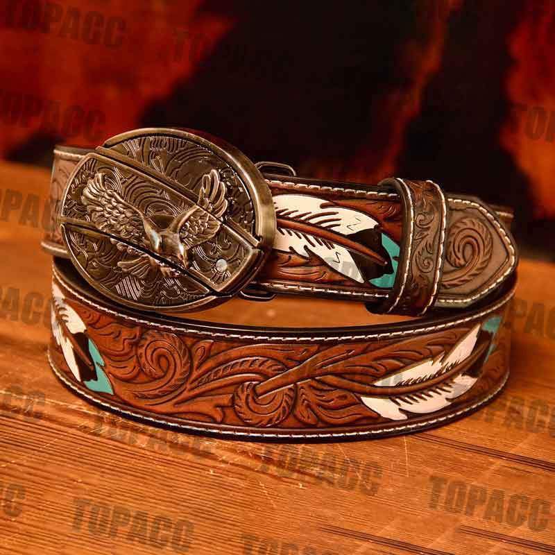 Waist 42-46 inch Western Leather Feather Belt - Block Buckle