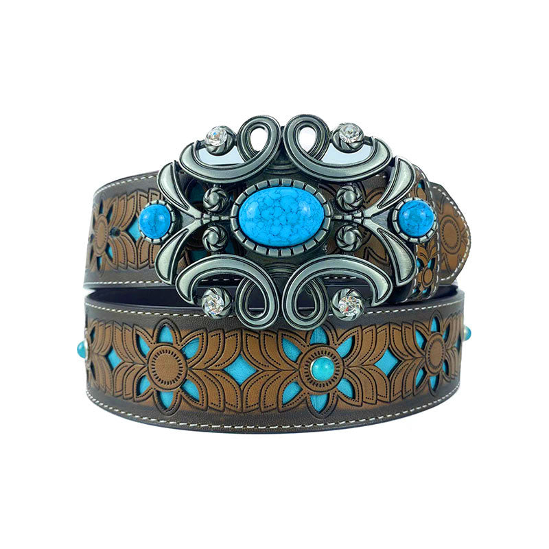 TOPACC Western Turquoise Belts - Oval Skeletonized Turquoise Buckle Copper/Bronze