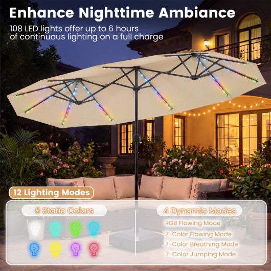 13 FT Double-Sided Patio Umbrella with Color-Changing Flowing Solar LED Lights-Beige