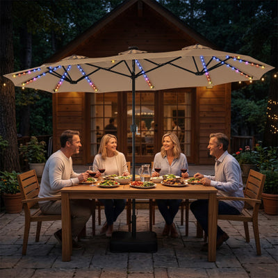 13 FT Double-Sided Patio Umbrella with 108 LED Lights and Base Included-Tan