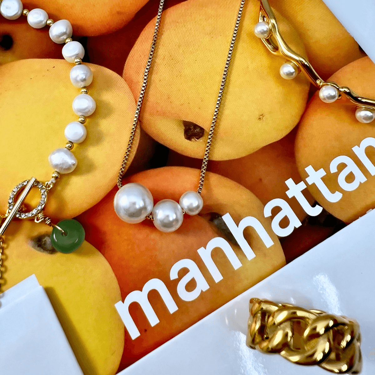 Gold Pearl Open Bangle Bracelet