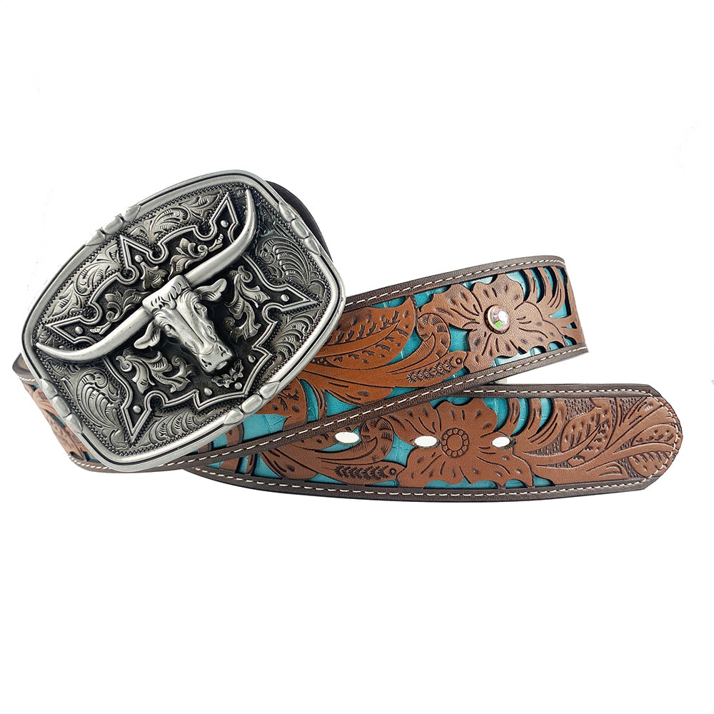 TOPACC Western Turquoise Belts - Pattern Longhorn Cow Belt Buckle Copper/Bronze