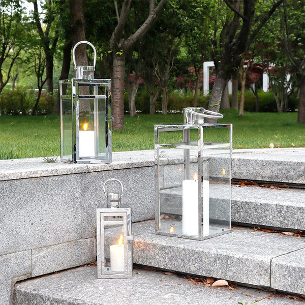 19''&15''&12'' H Stainless Steel Metal Candle Lantern  Candle Holder with Clear Glass Panels(Set of 3)