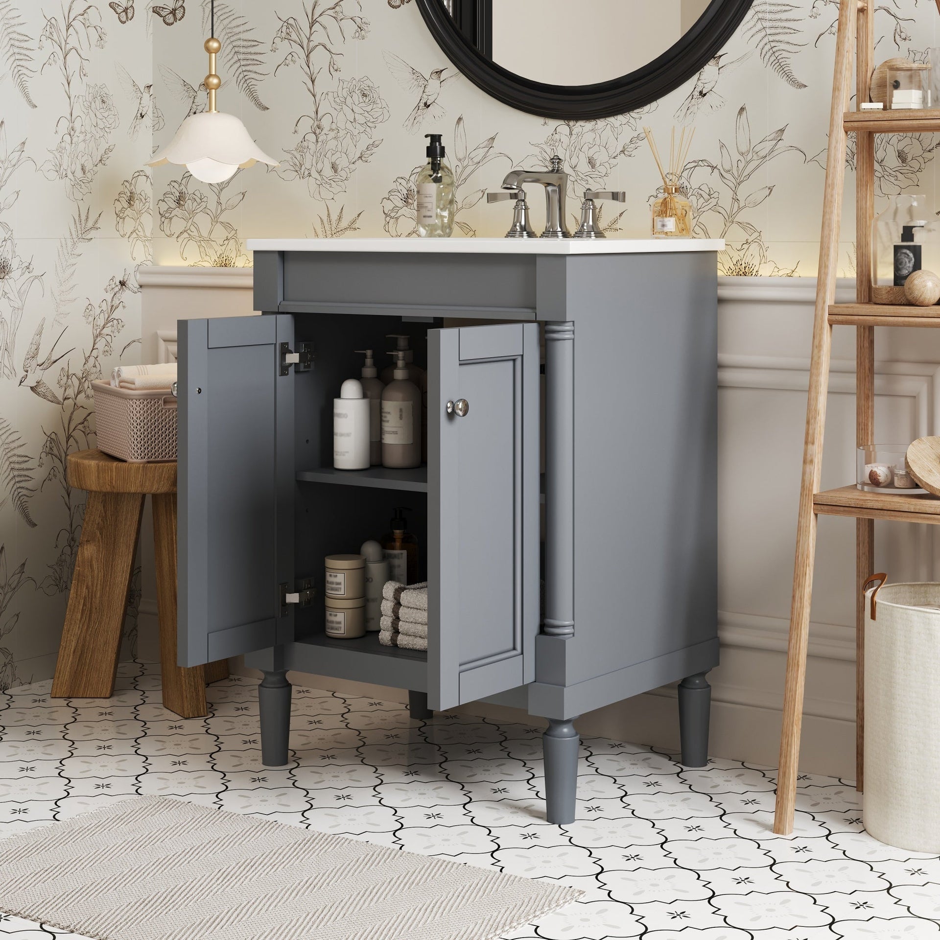 Modern Bathroom Vanity with Top Sink and 2-Tier Large Storage Shelves Cabinet
