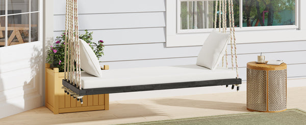 Patio Wooden Swing Chair Hanging Porch Swing Bench with Cushion & Pillows