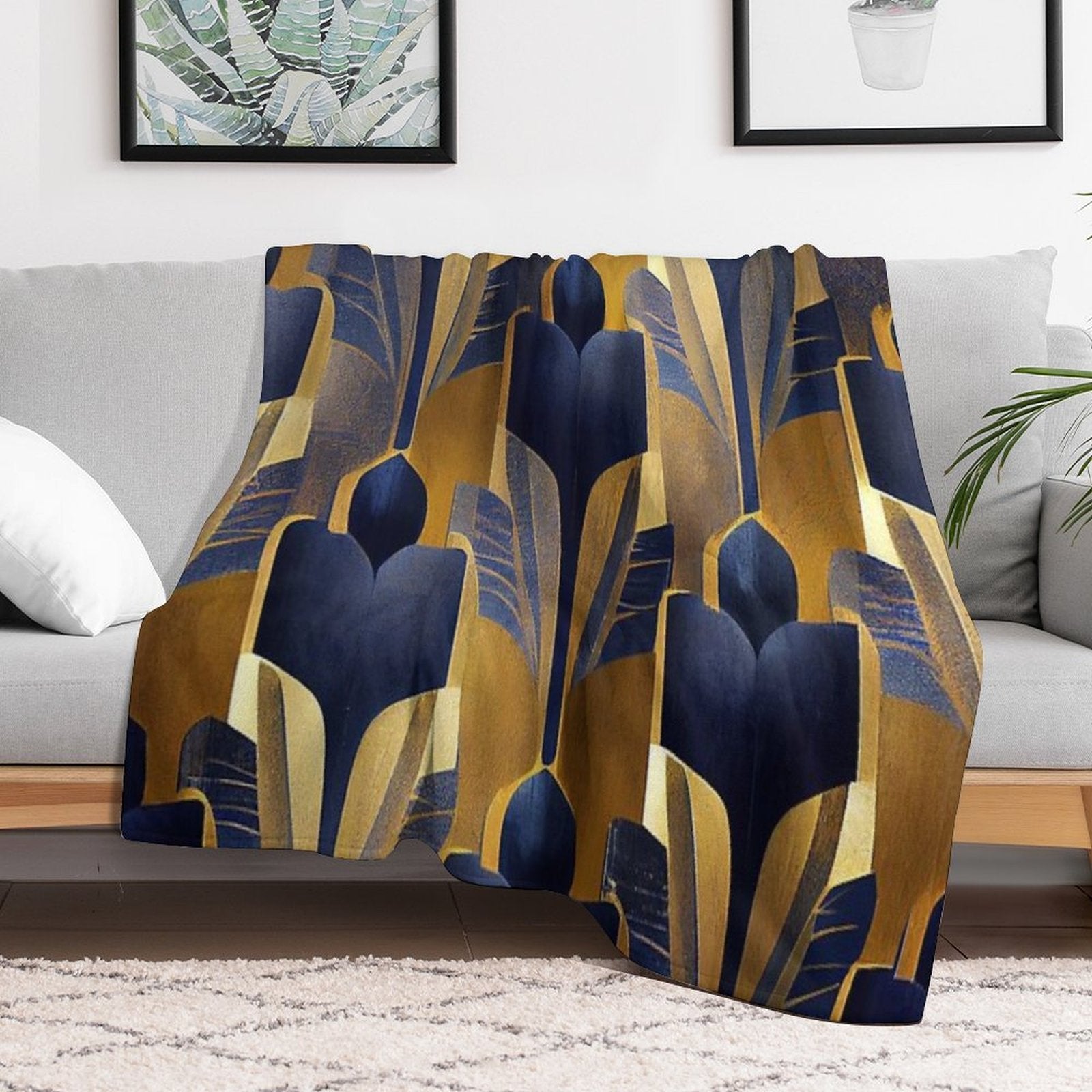 Vintage Royal Blue And Golden Art Deco Pattern Premium Throw Blanket