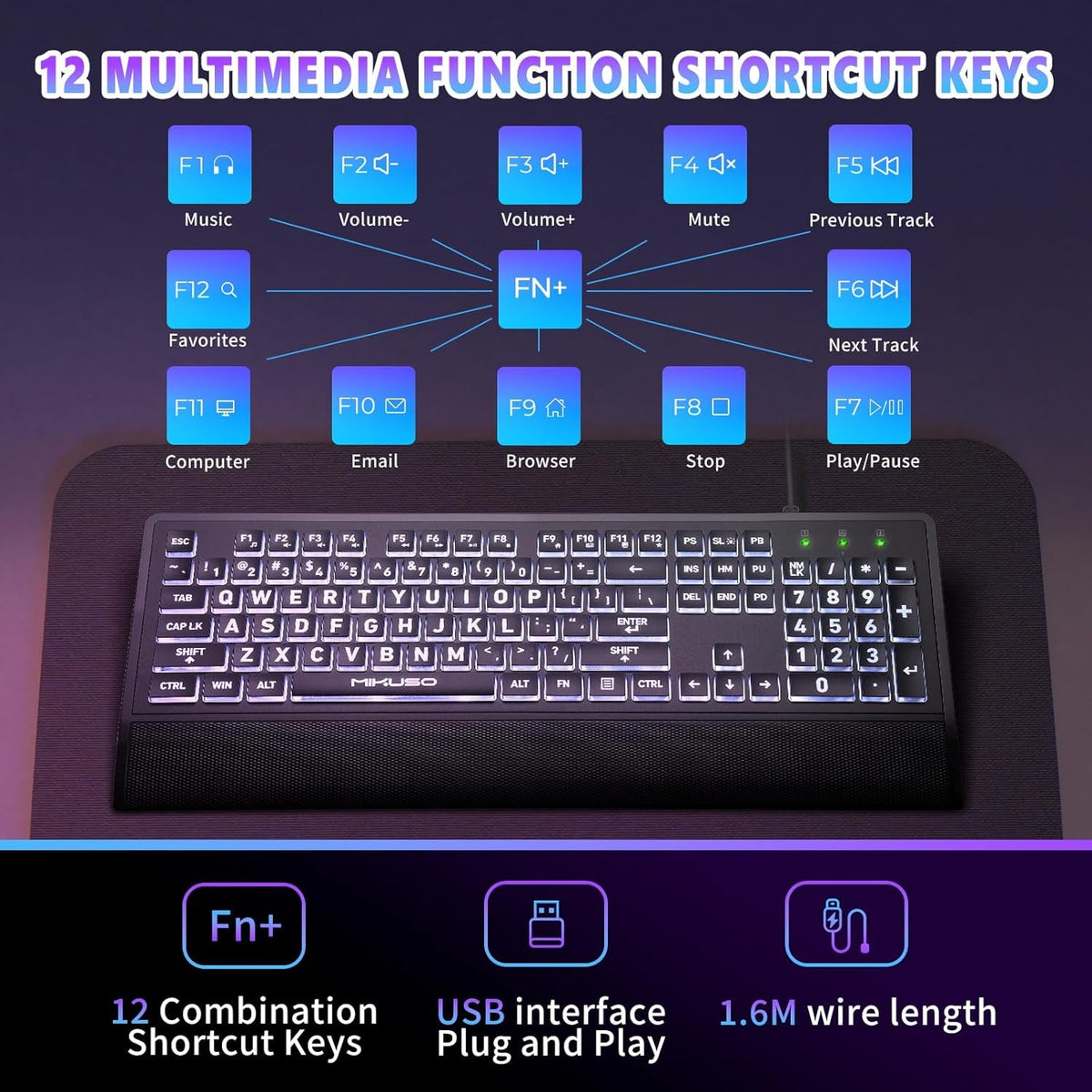 Large Print Backlit Keyboard for Seniors & Visually Impaired