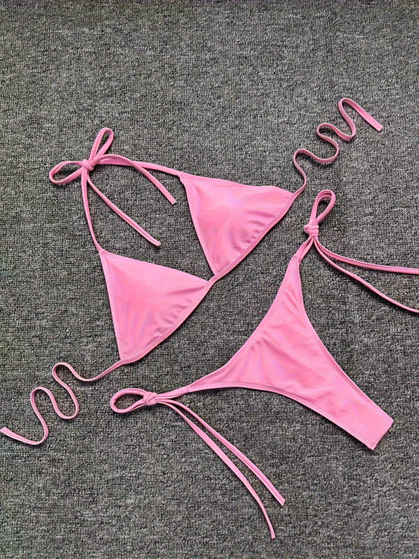 Bikini Leopard Print 2 Piece Swimsuit for Women – High Cut Lace-Up Backless Flattering Bikini Set with Halter Spaghetti Strap – Stretchy Sexy and Stylish Swimwear for Pool Beach and Summer Vacation