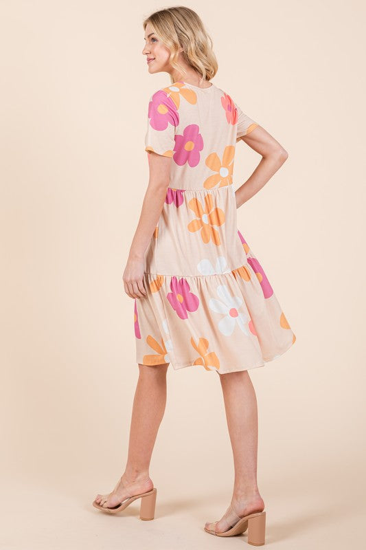 New Floral Round Neck Short Sleeve Tiered Dress For Women–Flowy, Feminine & Perfect for Summer