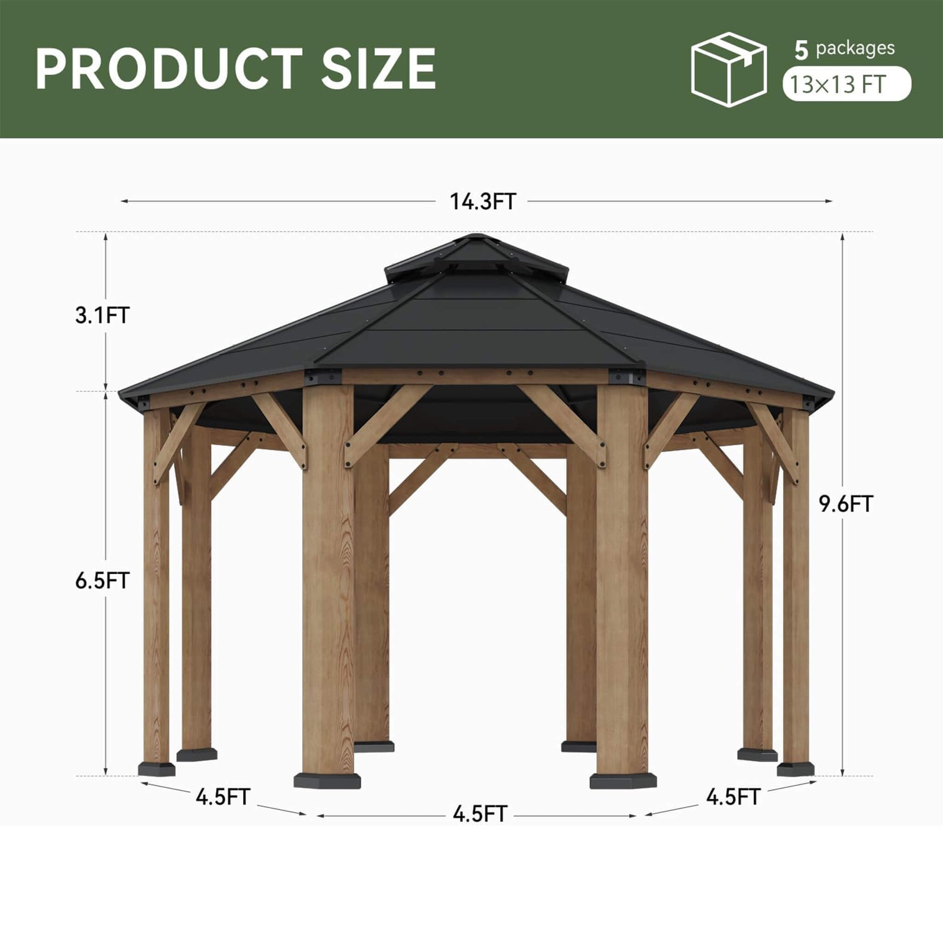 [13X13FT] Cedar Wood Galvanized Steel Octagonal Hardtop Double Roof Gazebo (SAK17468)