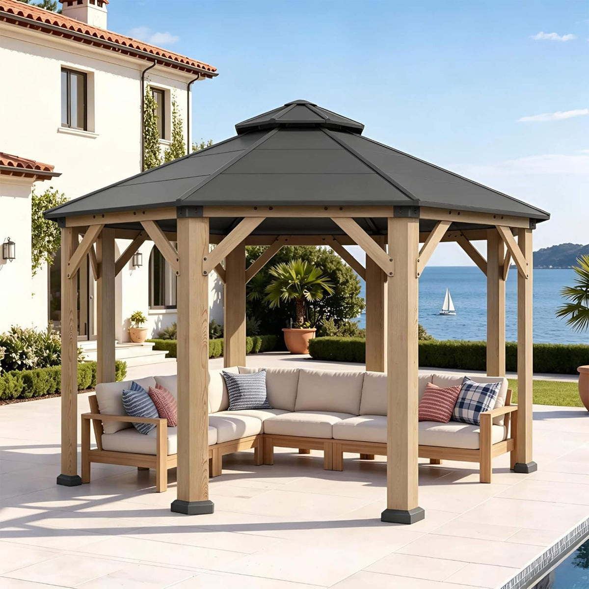 [13X13FT] Cedar Wood Galvanized Steel Octagonal Hardtop Double Roof Gazebo (SAK17468)