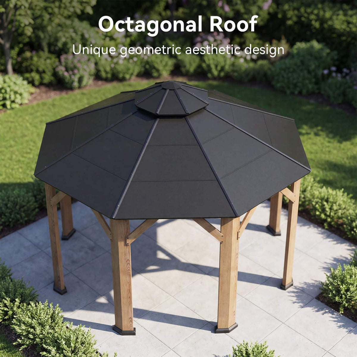 [13X13FT] Cedar Wood Galvanized Steel Octagonal Hardtop Double Roof Gazebo (SAK17468)