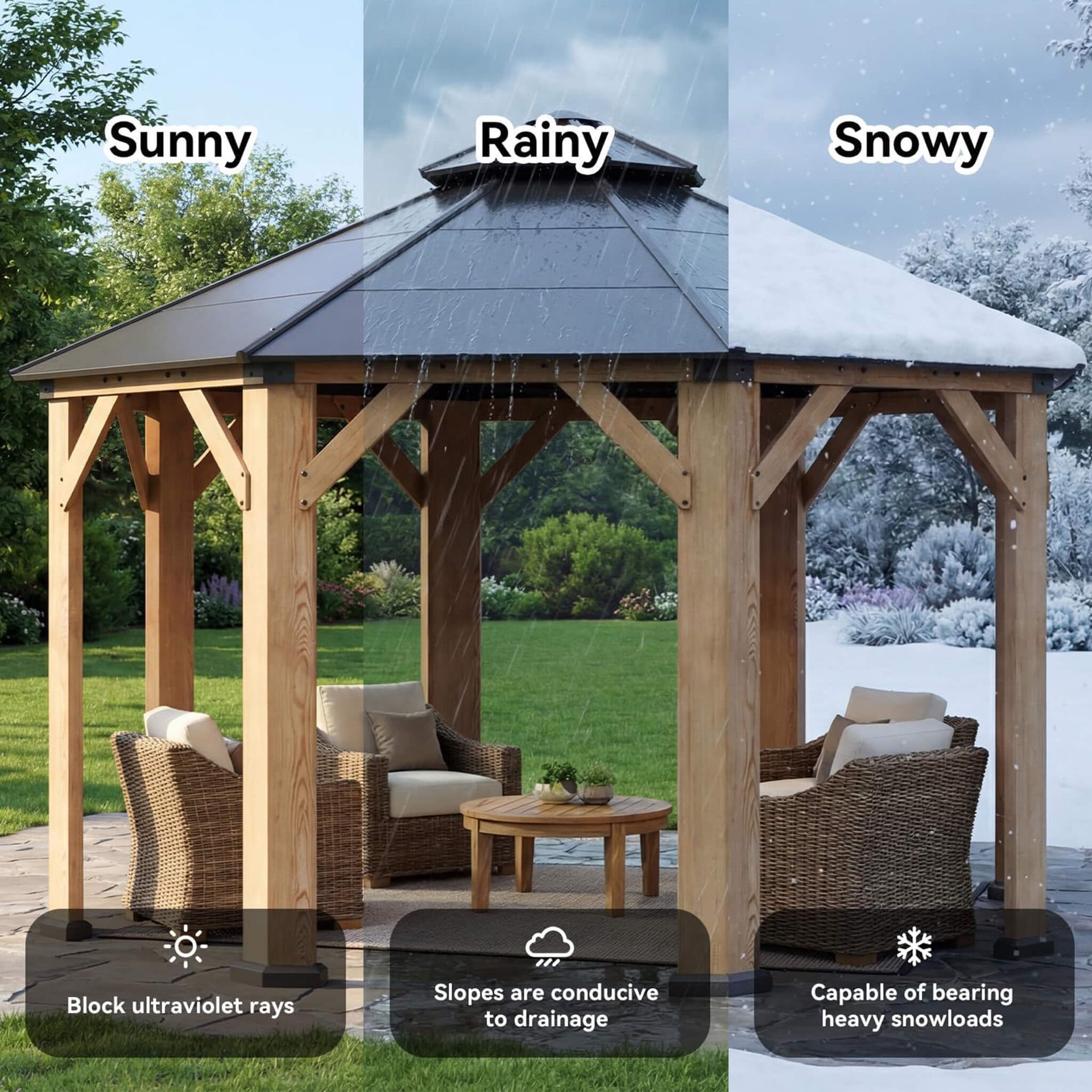 [13X13FT] Cedar Wood Galvanized Steel Octagonal Hardtop Double Roof Gazebo (SAK17468)