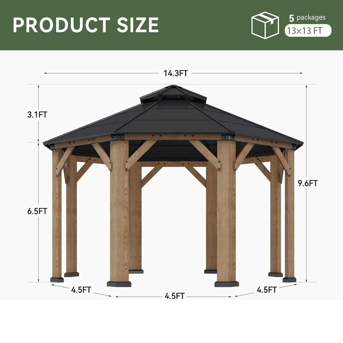 [13X13FT] Premium All-Weather Octagonal Double Hardtop Cedar Wood Gazebo (SAK42795)
