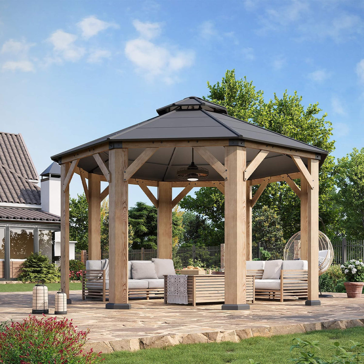 [13X13FT] Premium All-Weather Octagonal Double Hardtop Cedar Wood Gazebo (SAK42795)