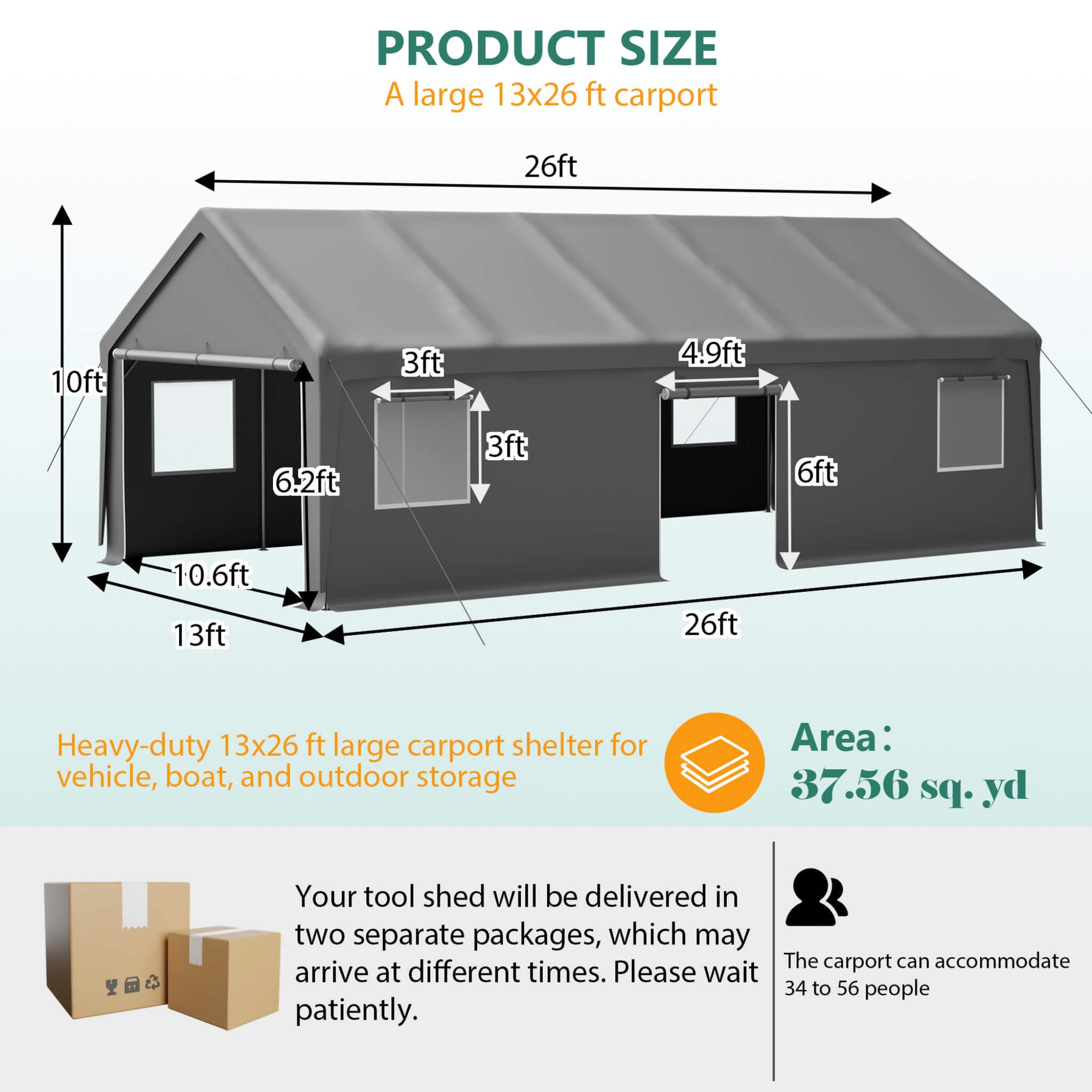 [13X26FT] Heavy-Duty Carport Canopy With Roll-Up Doors And Windows (SAK14975)