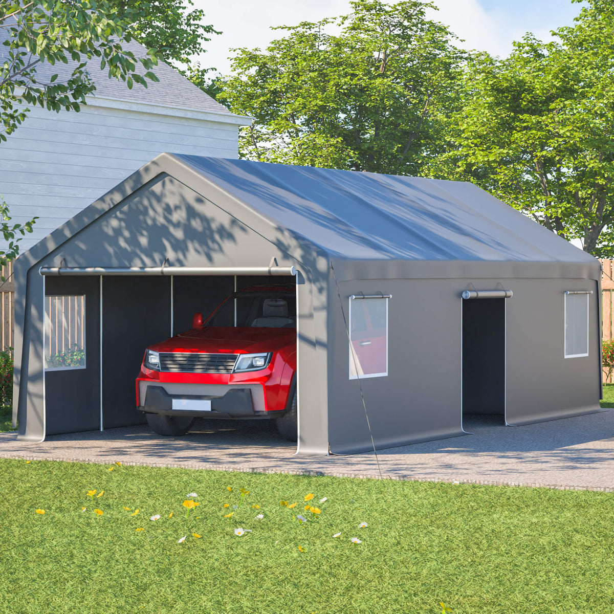 [13X26FT] Heavy-Duty Carport Canopy With Roll-Up Doors And Windows (SAK14975)