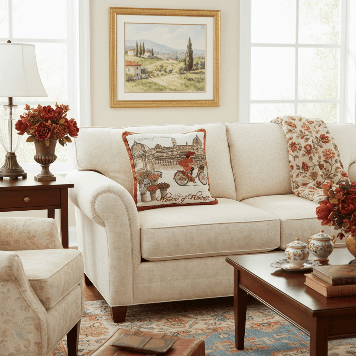 Tache Flowers of Florence Italy Skyline European Postcard Woven Tapestry Throw Pillow Cover (14003)