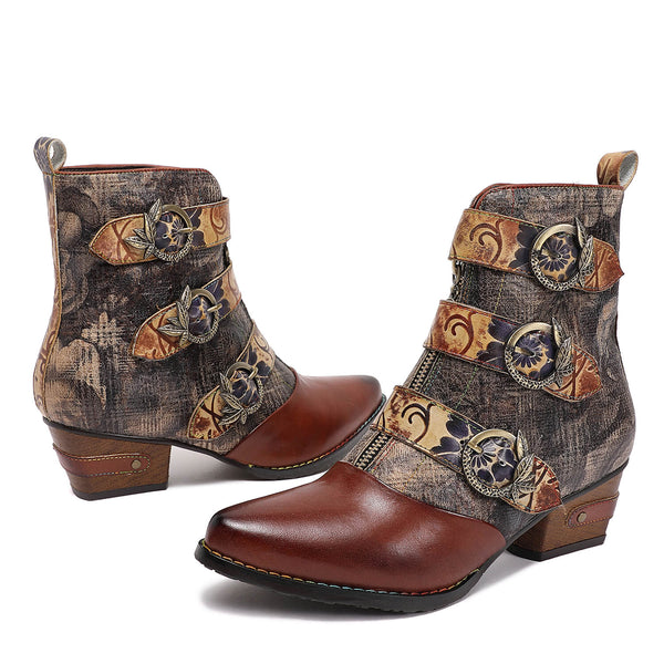 Retro Handmade Vintage Embossed Buckle Leather Boots