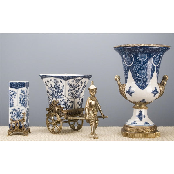 Blue Vine Rickshaw Basin/Planter with Bronze Man - Gifts for You 'n Me