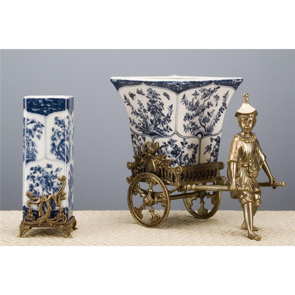 Blue Vine Rickshaw Basin/Planter with Bronze Man - Gifts for You 'n Me