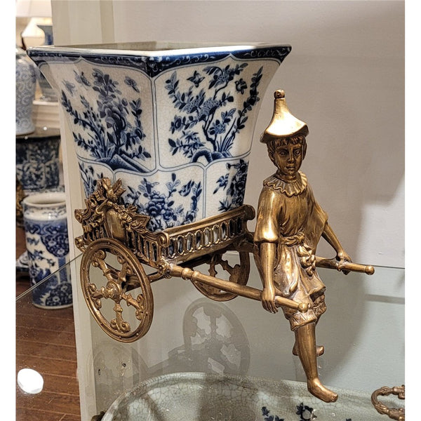Blue Vine Rickshaw Basin/Planter with Bronze Man - Gifts for You 'n Me