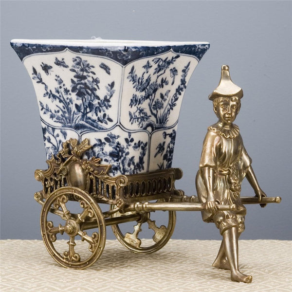 Blue Vine Rickshaw Basin/Planter with Bronze Man - Gifts for You 'n Me