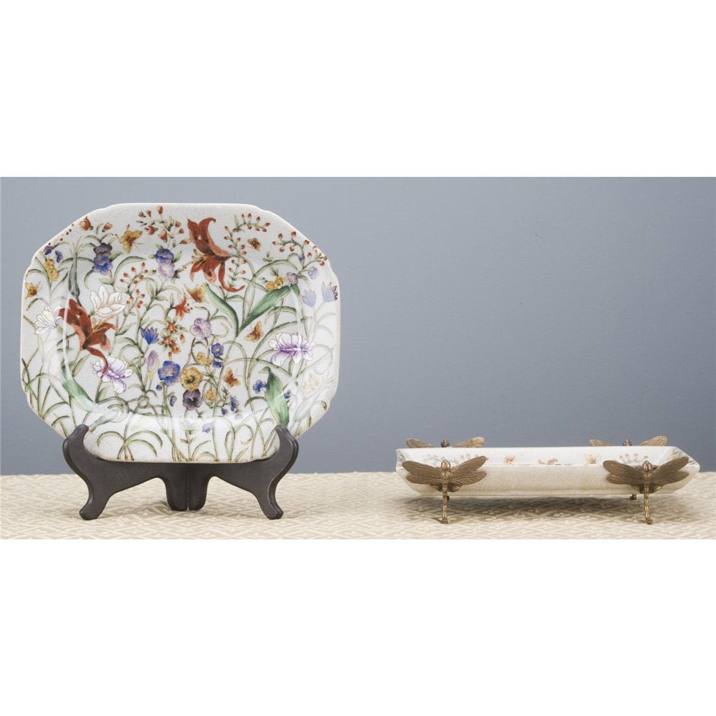 PORCELAIN TRAY WITH BRONZE TIGER LILY DRAGONFLY-GLORIA