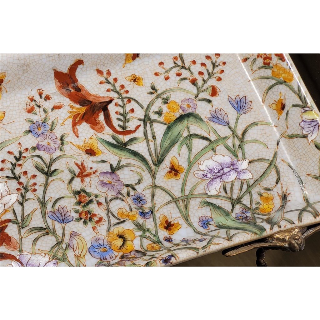PORCELAIN TRAY WITH BRONZE TIGER LILY DRAGONFLY-GLORIA