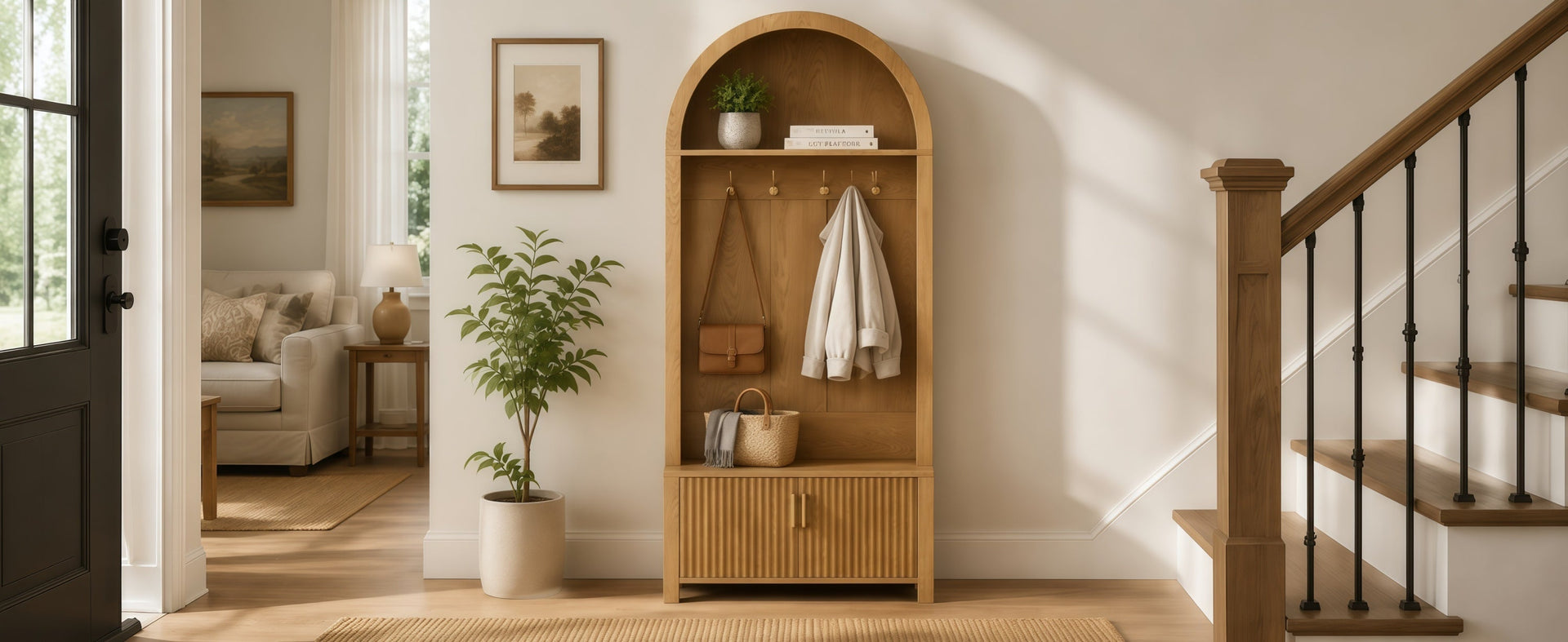 Farmhouse Hall Tree with Storage Bench & Cabinet – Entryway Organizer with Coat Hooks