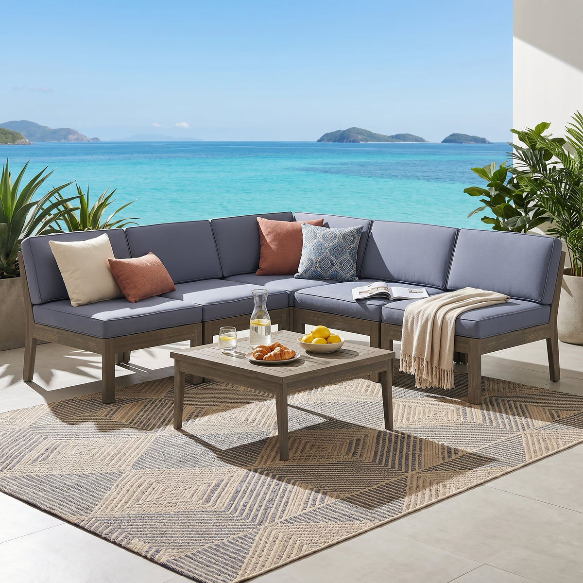 Grenada 5 Seater Acacia Wood Sectional Sofa Set